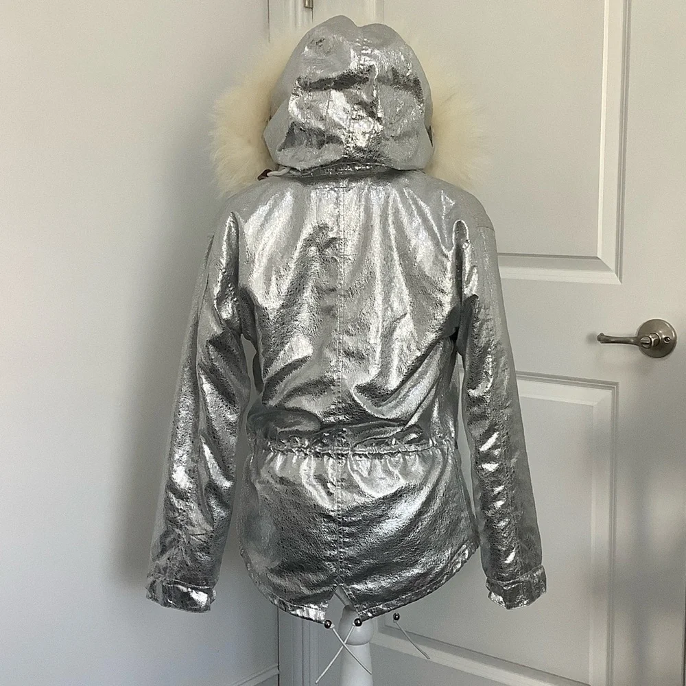 Silver Faux Fur Hooded Jacket, Size M - Picture 5 of 13
